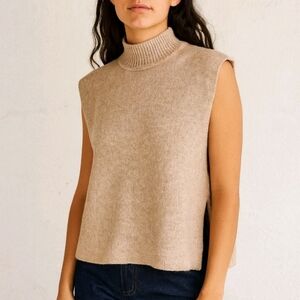 LOFT Beige Mock Neck Wool Blend Ribbed Sleeveless Sweater Vest One Size Large